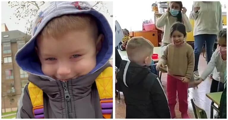Un băiat ucrainean este îmbrățișat de noii colegi spanioli, în prima zi de școală